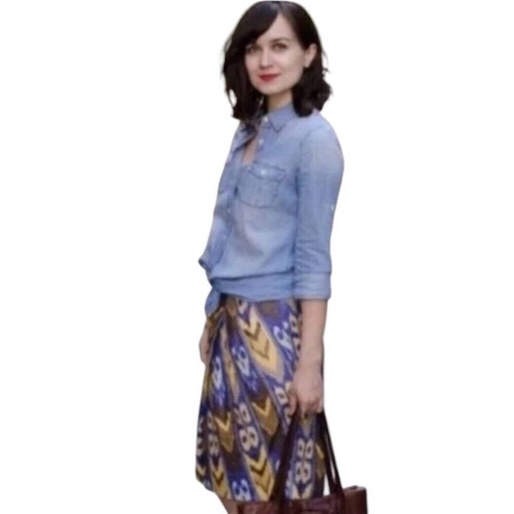 Tory Burch Ikat Linen Blend Pleated Skirt Blue Yellow Brown 8 - Picture 5 of 8